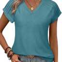 Women V Neck Pleated Short Sleeve Tops Summer Casual Tee Shirts Relaxed Basic Tunic Blouse (Small, Mint Green)
