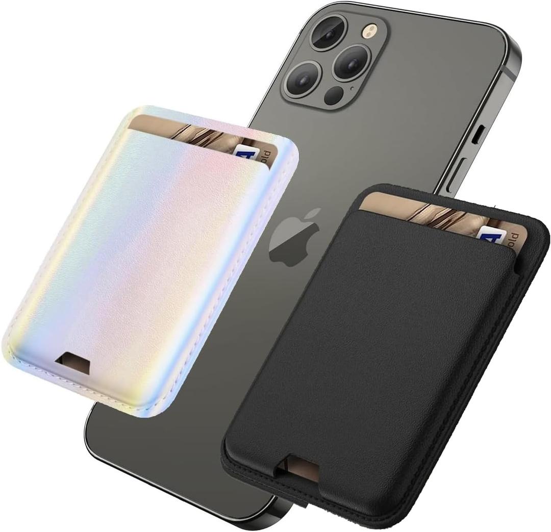 Magnetic Wallet Compatible with MagSafe for iPhone 17 16 15 14 13 12 Pro Max Air Plus Model, Mag 3 Safe Card Holder Stick on Accessories for Apple Cell Phone & Case, Black&&Sparkly Rainbow Pink