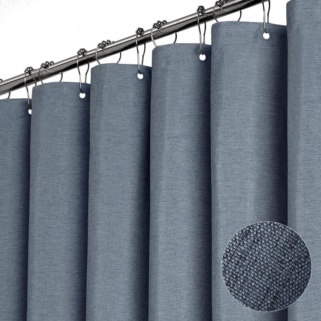 BTTN Fabric Shower Curtain, Linen Textured Heavy Duty Polyester Cloth Shower Curtain Set with Plastic Hooks, Blue Grey, 36"x72"