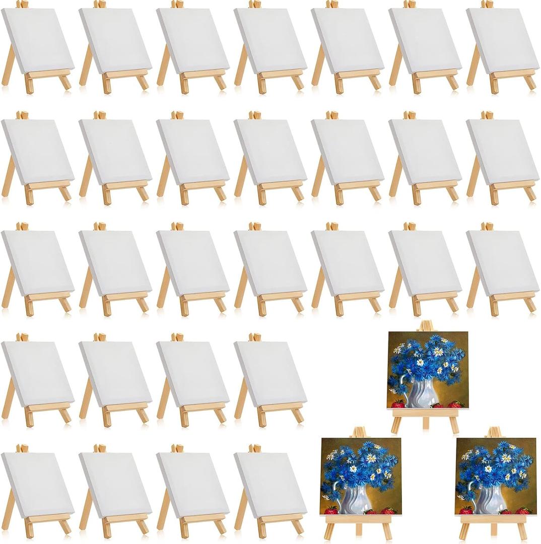32 Pack 4 x 4 Inch Mini Canvases with Easel Sets for Painting Small Art Stretched Canvases Panels Pack with Wood Display Easel for Kids Classroom Crafts Operation Christmas Gifts Items