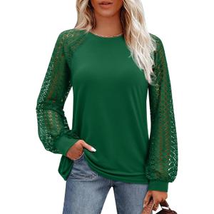 Uhiger Womens Long Sleeve Tops Fashion Cute Lace Blouses Business Casual Crew Neck Shirts 2026 Trendy Work Outfits (M)