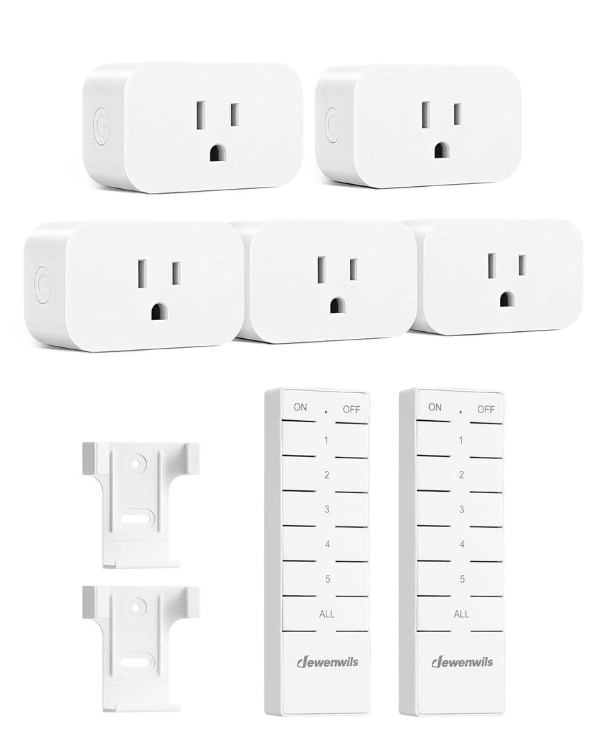 DEWENWILS Remote Control Outlet with All On/Off Button, Indoor Remote Outlet Switch for Lights, Lamps, Fan, 2 Mountable Brackets, 15A/1875W, 100FT, 2 Remote and 5 Outlets