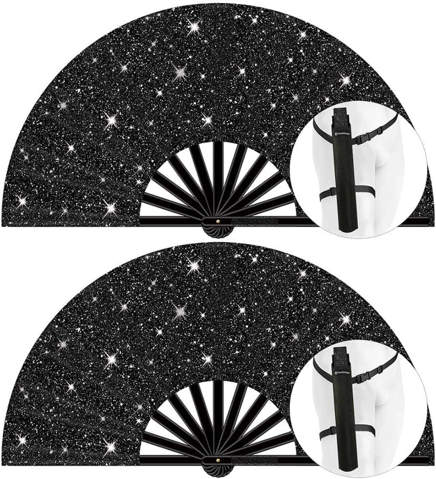 13" Large Folding Rave Fan with Holster, Clack Hand Fans Foldable for Line Dancing, Boots On The Ground Fan for Women Men Festival EDM Party Decoration, Glitter Black 2 Pack