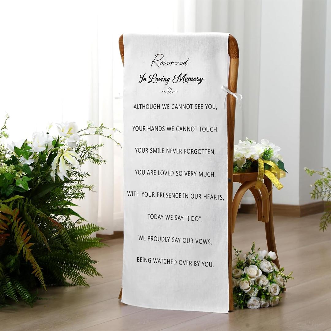 Reserved Wedding Chair Sign Banner in Loving Memory Reserved Signs for Wedding with Love from Heaven Cotton Linen 15'' x 50'' Save a Seat for Someone in Heaven Be There(White,Loving)