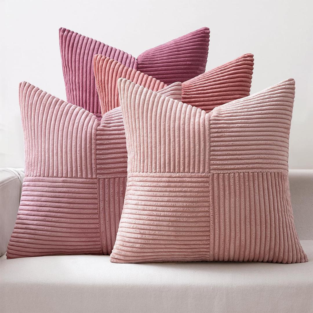 MIULEE Pink Spring Throw Pillow Covers 16x16 Inch Set of 4 Boho Farmhouse Cushion Cases Decorative Gradient Pillow Cases Corduroy Striped Home Decor for Couch Sofa Living Room Bed Valentine Decor