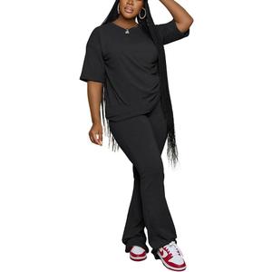 PINSV Women 2 Piece Outfits Short Sleeve Top and Flare Pants Lounge Sets Tracksuit (Large, Black)