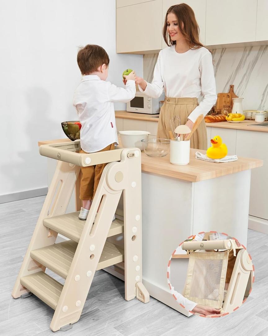 Forbena Collapsible Montessori Learning Standing Tower for Toddlers, Foldable Toddler Kitchen Stool Helper, Adjustable Plastic Kids Children Stepping Stool for Counter Bathroom Sink (Apricot)
