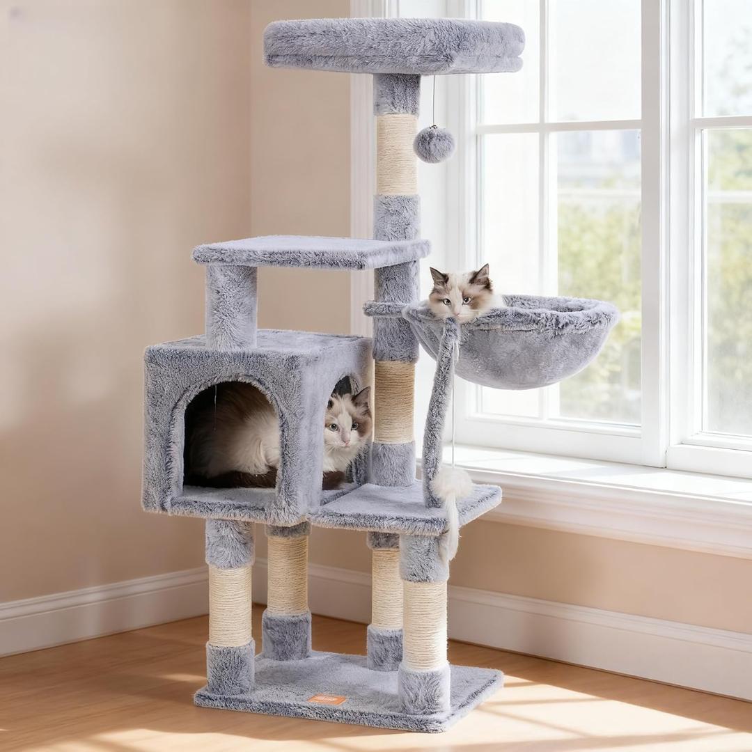 Heybly Cat Tree with Toy, Cat Tower Condo for Indoor Cats, Cat House with Padded Plush Perch, Cozy Hammock and Sisal Scratching Posts, Pewter HCT004SPE (43.3 inch)