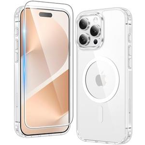 FNTCASE for iPhone 15 Pro Case: Clear Magnetic Phone Cases with Screen Protector Compatible with Magsafe Slim Anti Yellowing Rugged Shockproof Protective Transparent Cell Phone Cover (A-Clear)