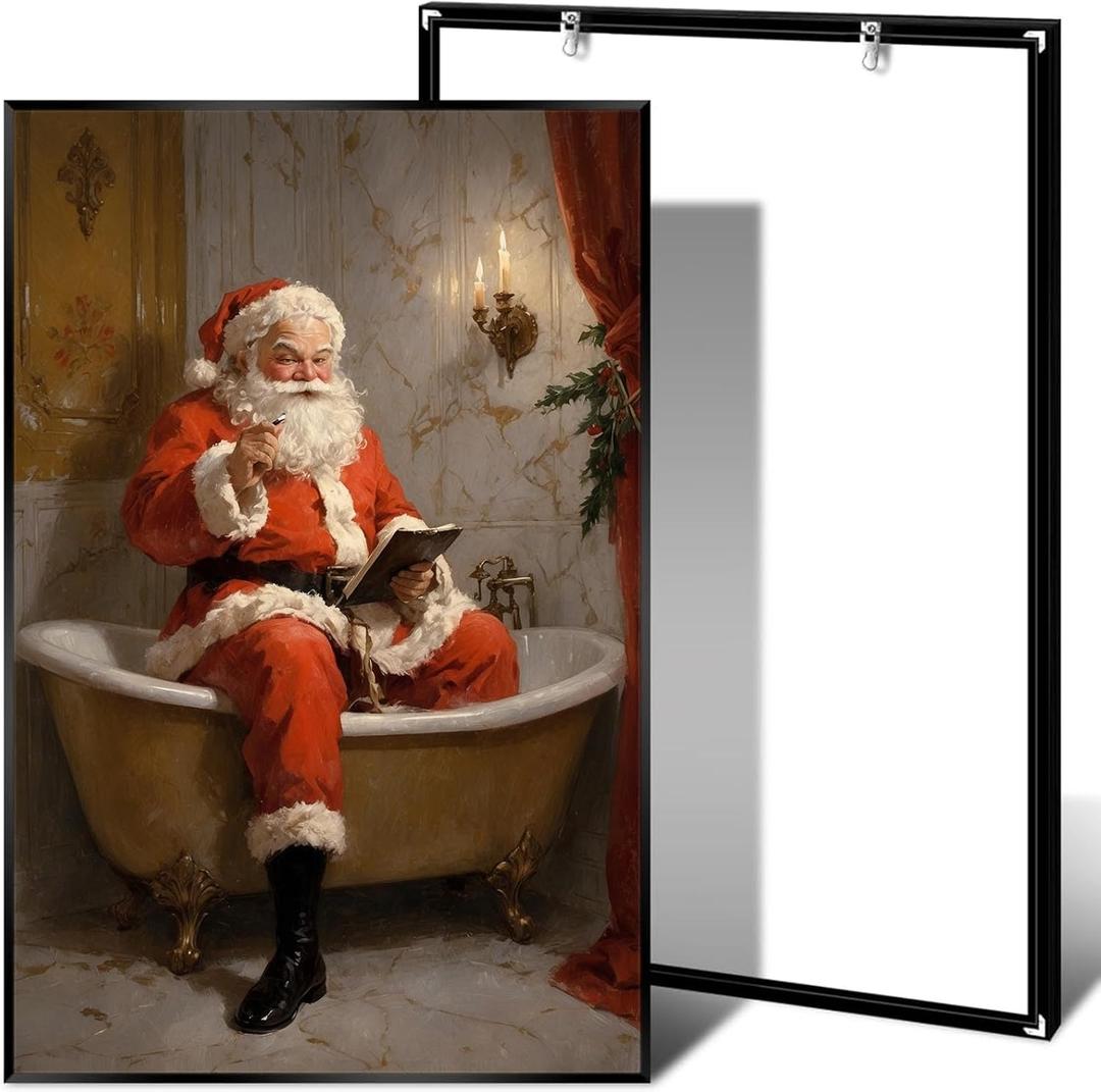 Santa Claus wall decor, fun bathroom poster print, Santa Claus in the bathtub art painting, winter holiday Christmas decoration, Victorian style vintage wall art poster for bathroom and bedroom (8x12in BlackMetalFrames)