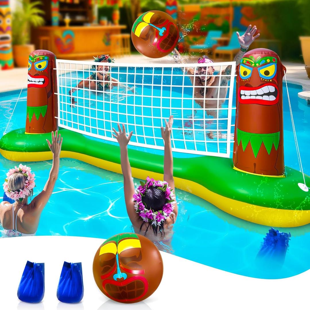 Large Inflatable Luau Tiki Pool Games Volleyball Net Pool Float Set with 9" Beach Ball, Floating Swimming Water Sports Game Toy for Adults & Kids, Summer Luau Tropical Hawaiian Party Supplies