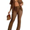 RomMoon Women's Fashionable 2-Piece Beach Ensemble-Hollow Out Button Top and Drawstring Pants, Lar