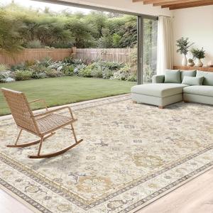 8x10 Washable Area Rug, Vintage Floral Boho Rugs for Living Room Bedroom, Low Pile Non-Slip Indoor Carpet for Dining Room, Classic Floral Light Beige Brown