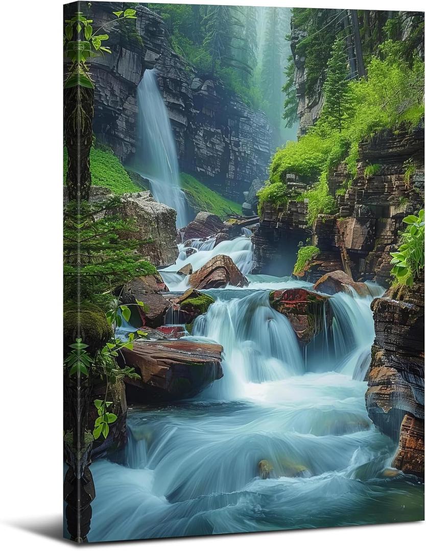 Waterfall Canvas Wall Art Nature Forest Pictures Zen Wall Decor Bathroom Decor Virginia Falls Landscape Poster Prints Tropical Mountain Scenery Painting Artwork Spa Living Room Home Decorations 12x16 (ZRPB06)