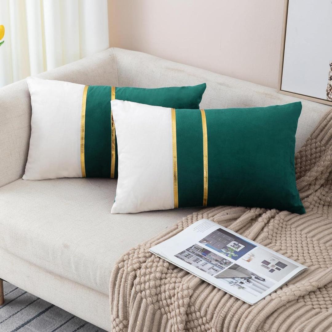 ZLINA Set of 2 Velvet Decorative Lumbar Pillow Covers Dark Green White Patchwork with Gold Leather Pillow Covers 12  20 Inch Cushion Covers Decor Living Room Sofa Bedroom Car