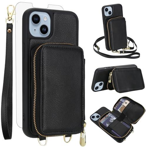 Phone Case for iPhone 13/14 6.1 inch Wallet Cell Cover with Tempered Glass Screen Protector Crossbody Strap Lanyard RFID Blocking Credit Card Holder iPhone13 iPhone14 5G i i-Phone i13 i14 Women Black