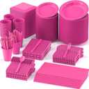 808 Pieces Disposable Plastic Dinnerware Set, Plastic Cutlery Set Includes 100 Of Each Dinner Plates|Dessert Plates|Cups|Napkins|Straws|Spoons, Forks & Knives (Hot Pink, 808PCS100 Guests)