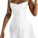 BEAGIMEG Women's Satin Square Neckline Mini Dress Backless Lace-Up Sleeveless Cocktail Party Dress (White, L)