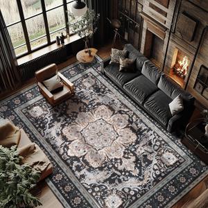 Living Room Rugs 5x7 Washable Boho Area Rug Vintage Low Pile Playroom Mat Indoor Floor Carpet Boho Rugs for Bedroom Entryway Laundry Room(Black/Multi,5x7ft)
