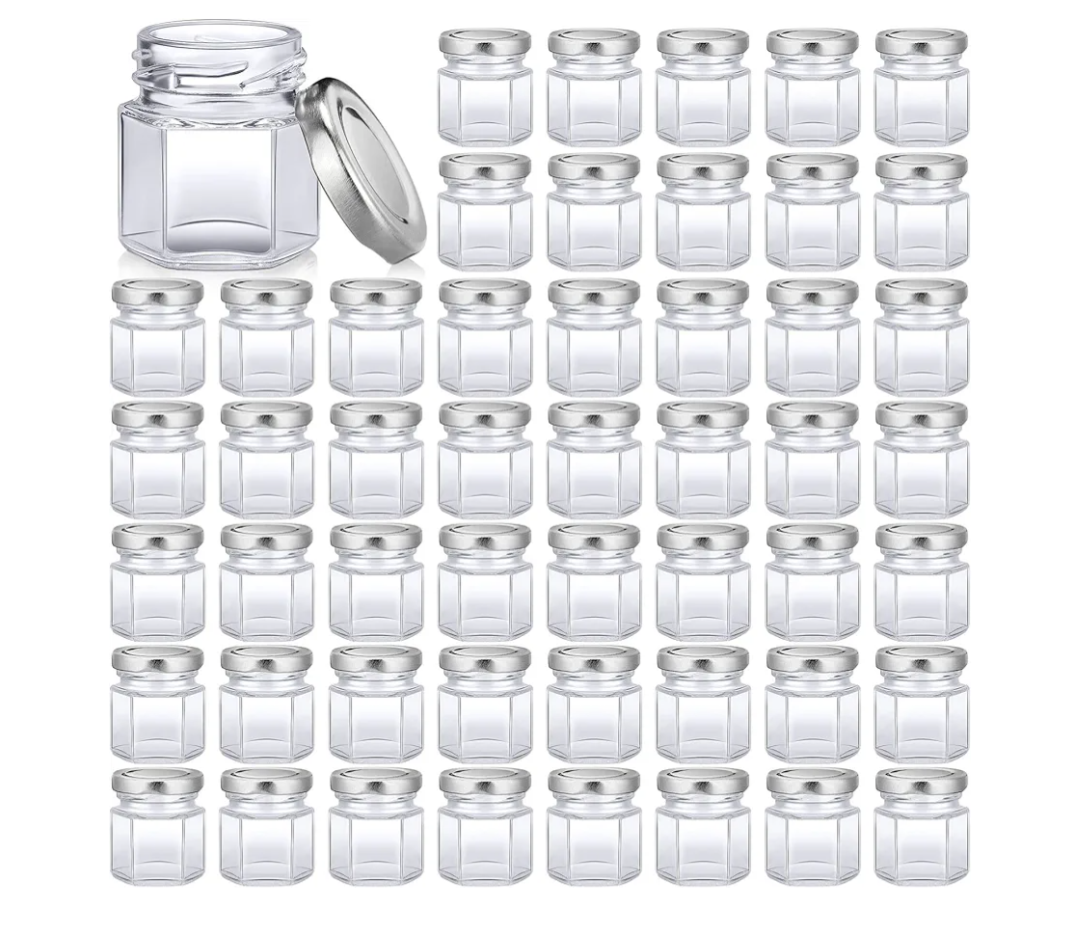 Nuogo 100 Pack 1.5oz Mini Hexagon Glass Jars Bulk for Wedding Small Honey Jars with Lids for Spice Canning Mason Gifts Candy Honey Wedding Party Favors DIY Crafts(Silver)