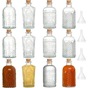 12 Pack 6oz Glass Bottles with Cork Stoppers, 200ml Clear Glass Liquor Bottles with 4 Vintage Patterns, Refillable Whiskey Bottles for Wine, Oil, Vinegar, Kombucha, Wedding Favors