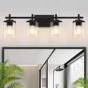 4-Lights Matte Black Bathroom Light Fixture, Modern Black Vanity Lights Over Mirror with Clear Glass Shade, Bathroom Wall Mounted Lamp for Mirror Living Room Hallway Cabinet