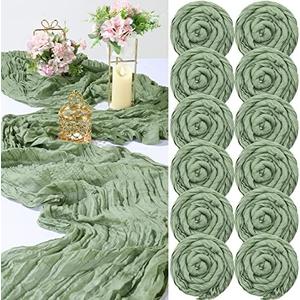 Tranqun 12 Pack 10ft Cheesecloth Table Runner 29 x 120 Inch Boho Gauze Cheese Cloth Table Runner Rustic Sheer Decor for Wedding Bridal Shower Birthday Party(Sage Green)