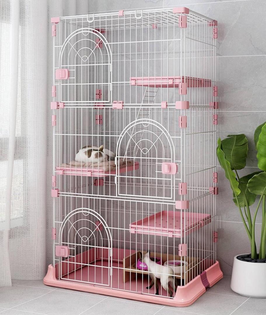 Hamiledyi Indoor Cat Cage 52 Inches Cat Villa Large Pet Crate with 3 Platforms and 1 Ramp Ladders Metal Cat Playpen with 3 Doors Outdoor Cat Enclosures Kitten Cage for Small and Medium Pets (Pink)