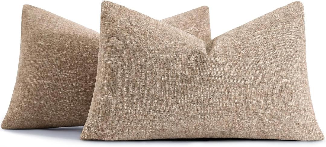 decorUhome Chenille Decorative Throw Pillow Covers 12x20 Set of 2, Lumbar Farmhouse Textured Neutral Solid Accent Pillow Covers for Couch Sofa Bed Living Room Home Decor, Khaki