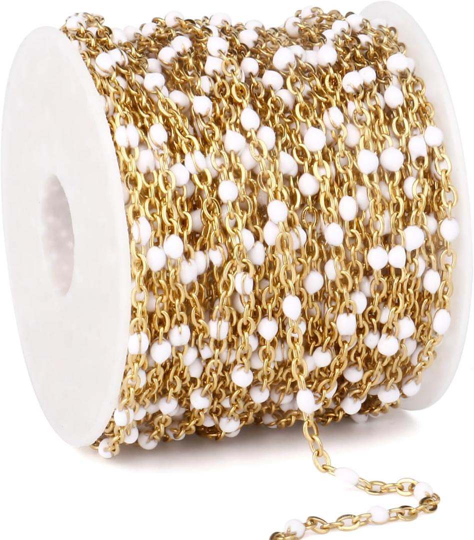 33 Feet Gold Enamel Chains Bulk, 2mm 18K Gold PVD Plated 304 Stainless Steel White Enamel Beaded Cable Link Chain Roll Spool for Jewelry Making