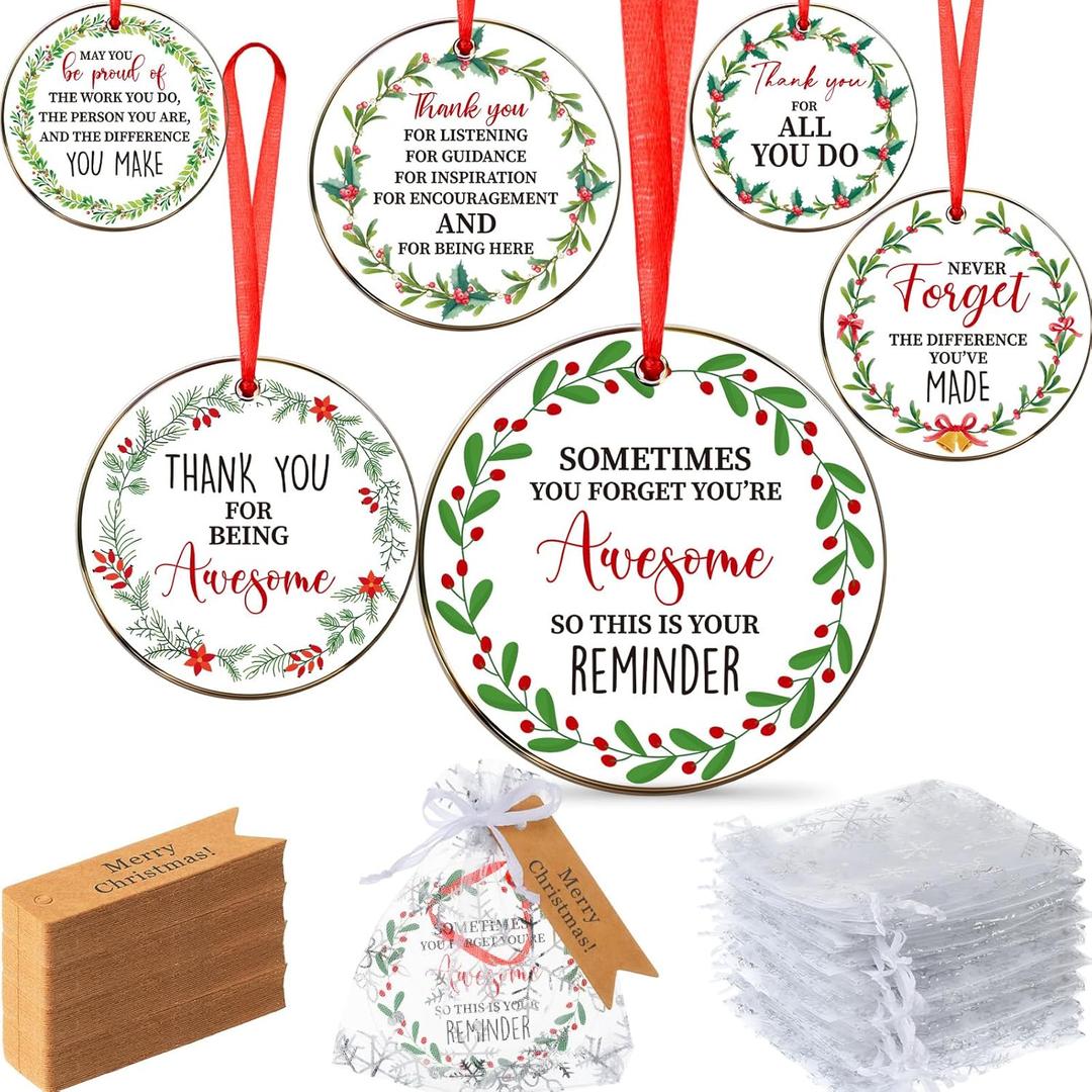 Barydat 24 Sets Christmas Appreciation Gifts for Coworkers, Christmas Thank You Ornaments Acrylic Xmas Tree Hanging Ornaments with Card and Bag for Coworker Office Friendship Xmas Tree Decor (Cute)