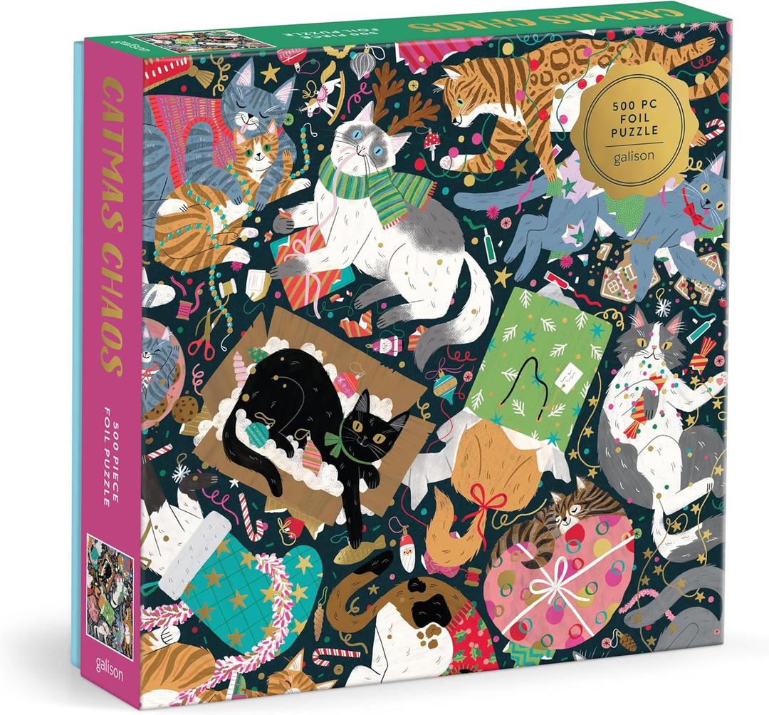 Galison Catmas Chaos  500 Piece Foil Jigsaw Puzzle Featuring Charming Artwork of Cats Getting Ready to Celebrate Christmas