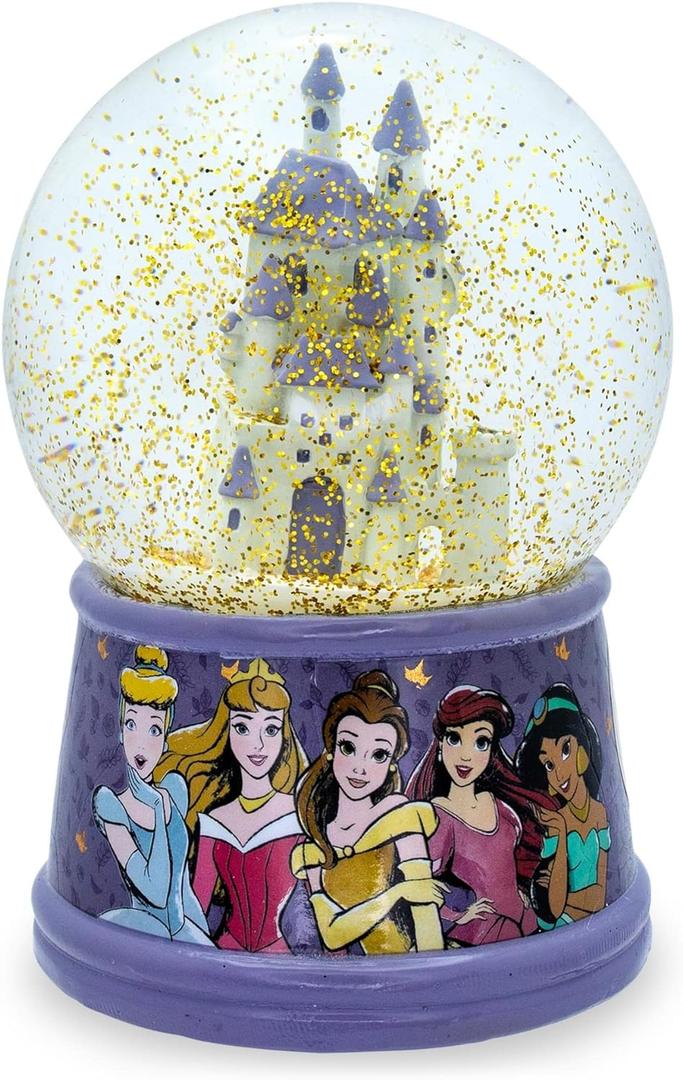 Silver Buffalo Disney Princess Castle Featuring Cinderella, Aurora, Belle, Ariel, and Jasmine Light Up Snow Globe, 100mL