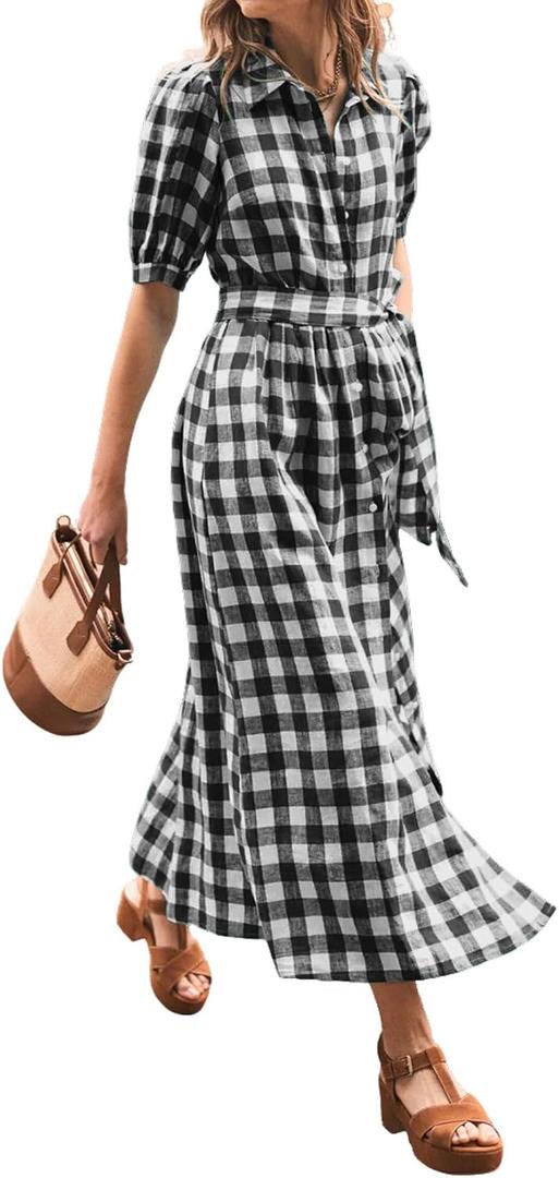 CHARTOU Women Summer Plaid Puff Short Sleeve Dress Button Down Long Shirt Dress with Belt Medium