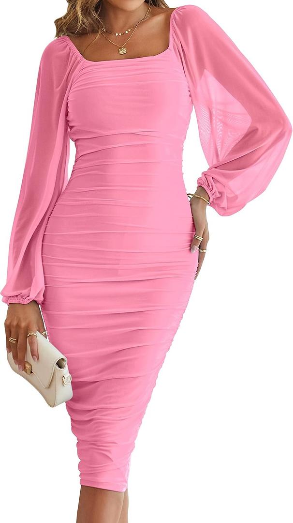 MEROKEETY Women's Long Sleeve Wedding Guest Formal Dress Fall Winter Ruched Bodycon Mesh Cocktail Party Midi Dresses (X-Large, Pink)
