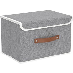 Yawinhe Collapsible Storage Bin, Cube Organizer Basket, Fabric Box with Lids, Washable and Leather Handle, for Home, Closet, Grey, 15.0''Lx9.8''Wx9.8''H, 1-Pack, USNK024GL-1