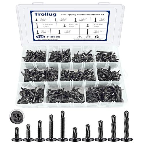 450PCS Self Tapping Screws for Metal, 410 Stainless Steel Self Drilling Screws #8#10 Truss Head Sheet Metal Screws Assortment Kits, Length 1/2"" to 1-1/4'' (Black)