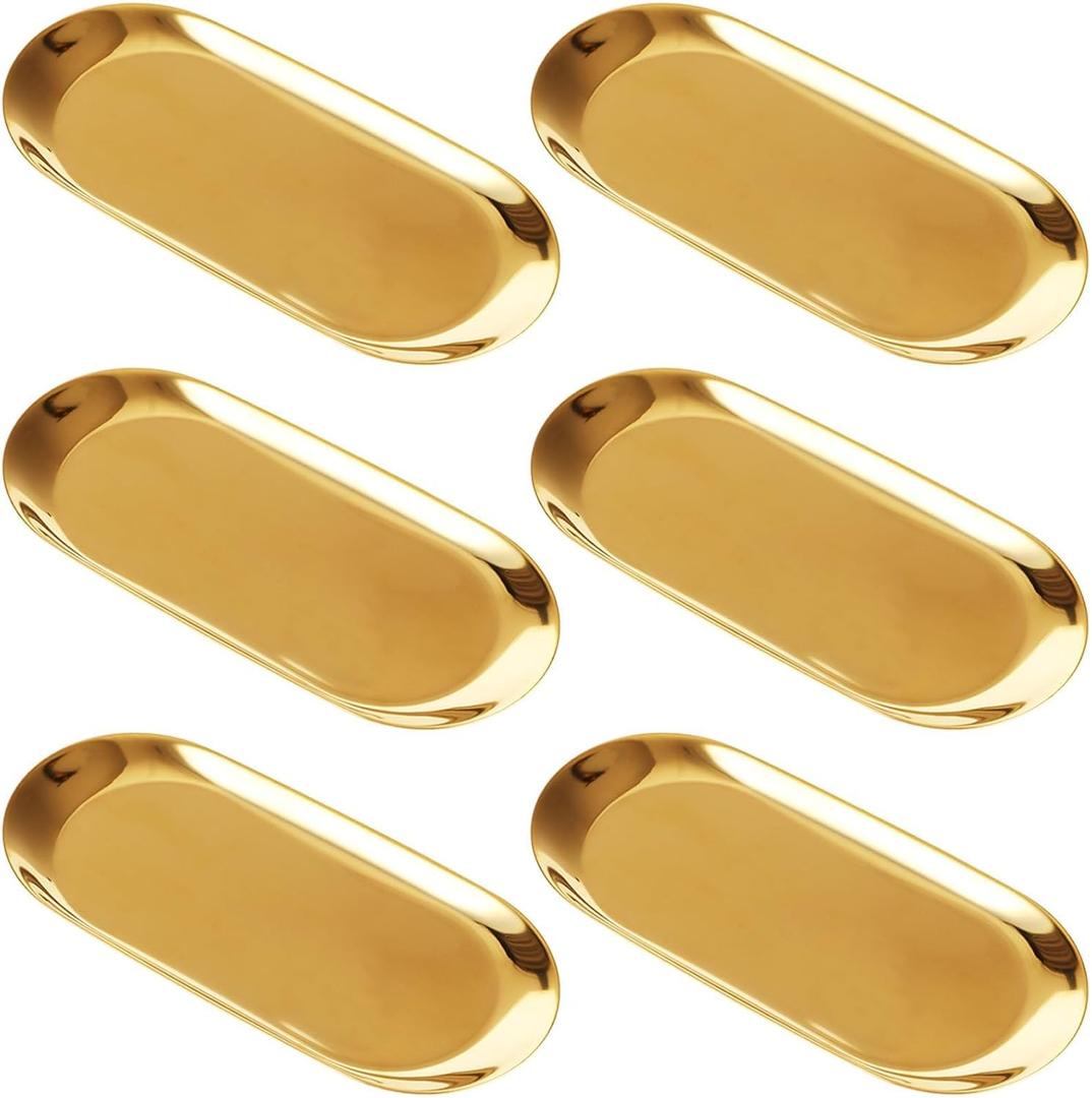 6 Pack Gold Tray Inch Stainless Steel Oval Jewelry Dish Gold Serving Trays Perfume Trays Towel Gold Trays for Decor Vanity Dresser Counter Bathroom