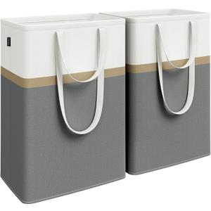 SONGMICS Set of 2 Laundry Basket, 75 L Foldable Laundry Hamper, Clothes Hamper Bag with Short and Long Handles, Easy to Transport and Clean, Freestanding, for Bedroom, Bathroom, Slate Gray ULCB208G01
