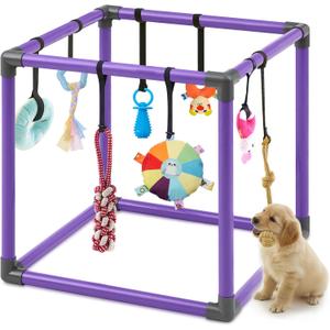 Soulchen Puppy Play Gym with 8 Hanging Toys, Small Dogs Enrichment Interactive Toys 19.7 Inch Pets Indoor Jungle Gym PVC Frame with Bungee Straps Enrichment Activity Center
