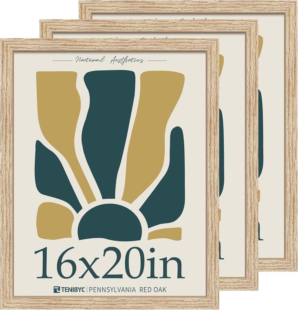 16x20 Oak Poster Frame with HD Glass - 3pk, Natural Wood Picture Frame, Wall Gallery Frame