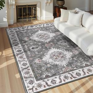 Ileading Washable Area Rugs 6x9, Grey Living Room Bedroom Rug Vintage Boho Non Slip Distressed Indoor Floor Carpet, Low Pile Under Table Mat for Dining Laundry Kids Nursery Play Room