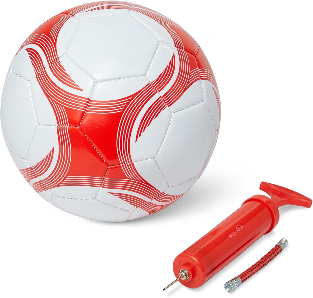 Amazon Basics Durable PVC Soccer Ball with Pump for Training and Practice, Indoor Outdoor Use, White and Red