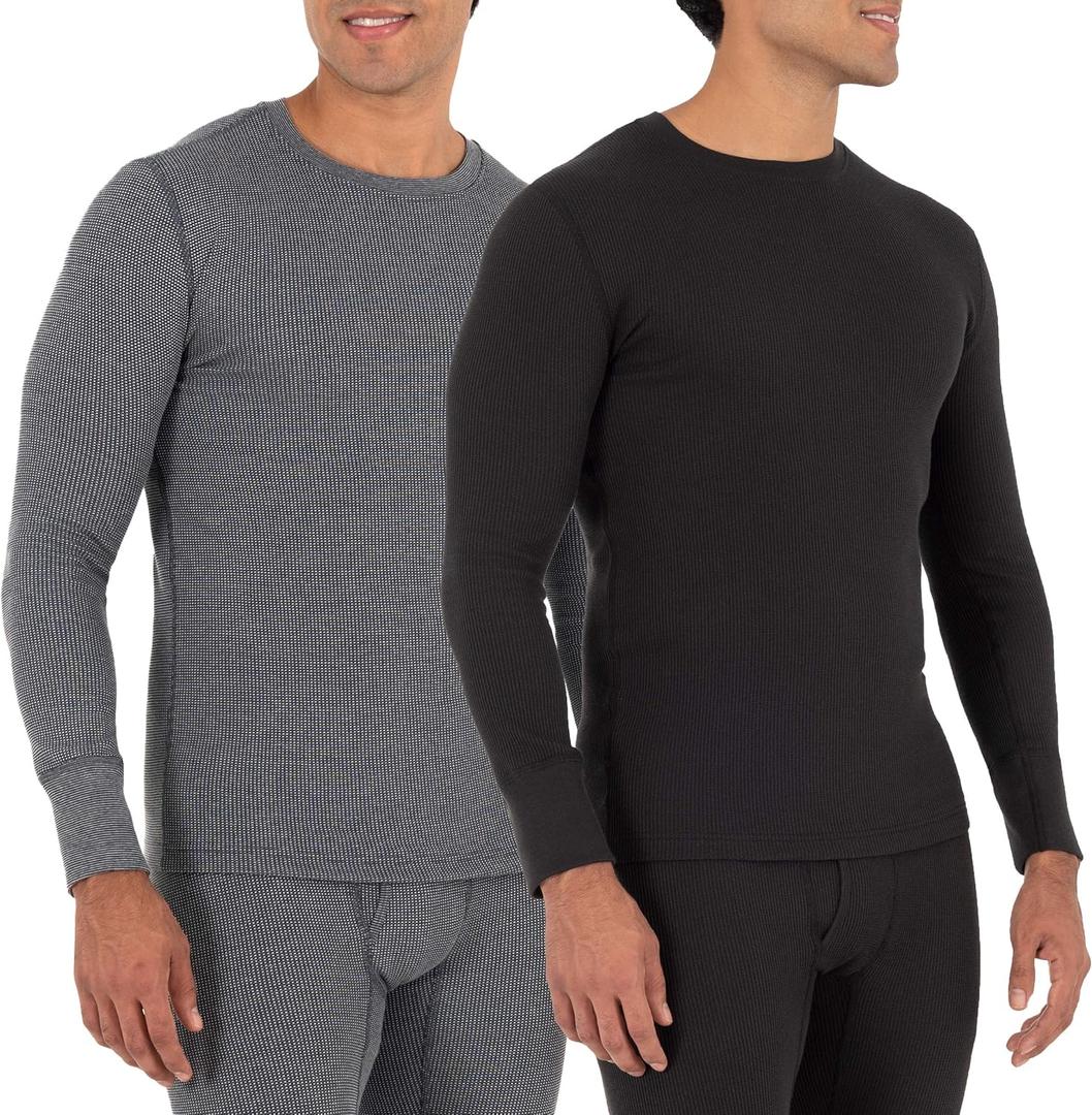 Fruit of the Loom Men's 2-Pack Recycled Waffle Thermal Underwear Crew Top, Black/ Greystone Heather, X-Large