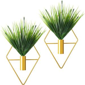 2 Pieces Gold Wall Decor Hanging Planters with Artificial Plants Metal Vase Indoor Plants Holder Modern Geometric Wall Art for Home Bathroom Bedroom Living Room Office(Aquatic Plant, Small)