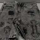 BEAUDRM Men's Graphic Baggy Denim Shorts Ripped Zipper Jean Bermuda Shorts with Pockets, Dark Grey, Medium