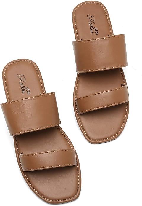 Katliu Women's Flat Sandals Two Strap Slide Sandals Open Square Toe, Brown US 7
