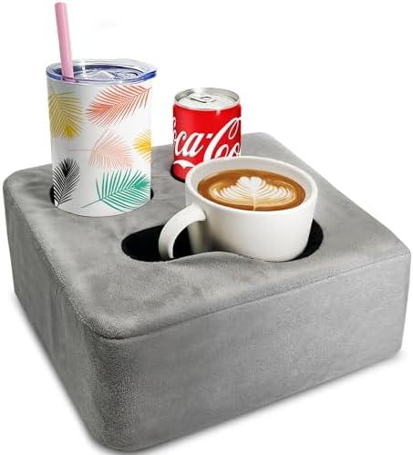 Nisdoing Couch Cup Holder Pillow Tray & Caddy - for Sofa, Bed, Car, Man Cave | Keep Drinks at Hand & Spill-Proof Accessories for New Parents, Camping, Park, Boat, Beach - Gray