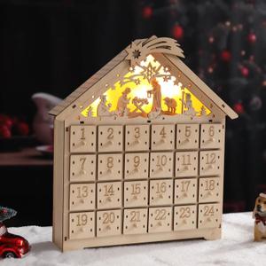 Vigdur Wooden Christmas Advent Calendar, Nativity Scene Advent Calendar House Box with 24 Drawers and Warm LEDs Countdown Calendars for Christmas Decoration 2025