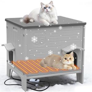 Deblue Heated Cat House for Outside Weatherpoof Plastic Cats Houses Outdoor with Escape Door Indoor Waterproof Feral/Pet Cat Shelter for Puppy, Rabbit(Grey)